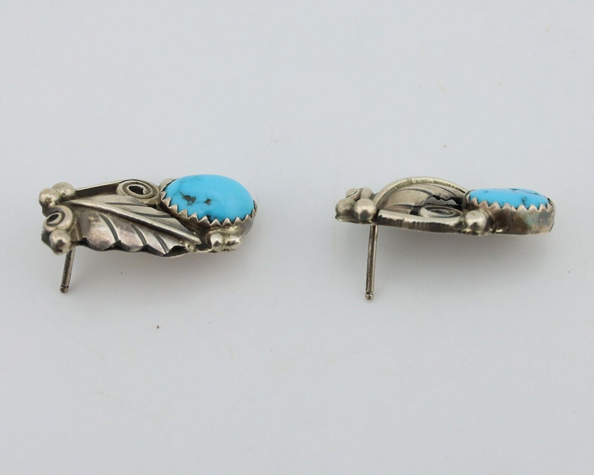 Navajo Earrings 925 Silver Natural Blue Turquoise Native American Artist C.80s