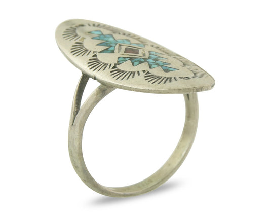 Vintage Navajo Ring 925 Sterling Turquoise & Coral Native Artist Size 9.0
