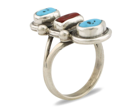 Navajo Ring 925 Silver Sleeping B Turquoise & Coral Native American Artist C.80s