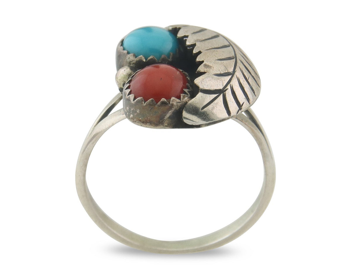 Navajo Ring 925 Sterling Natural Coral & Turquoise Signed BB C.80's Size 7.25