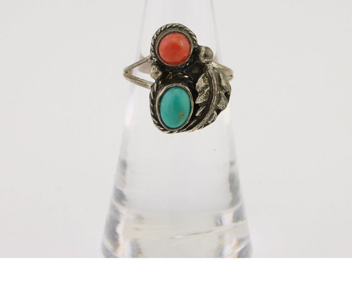 Navajo Handmade Ring 925 Silver Coral & Turquoise Native Artist C.80's