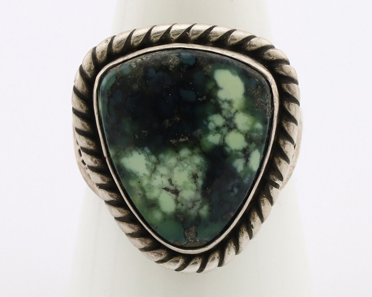 Navajo Ring 925 Silver Green Spiderweb Turquoise Artist Signed Rising Sun C.80's