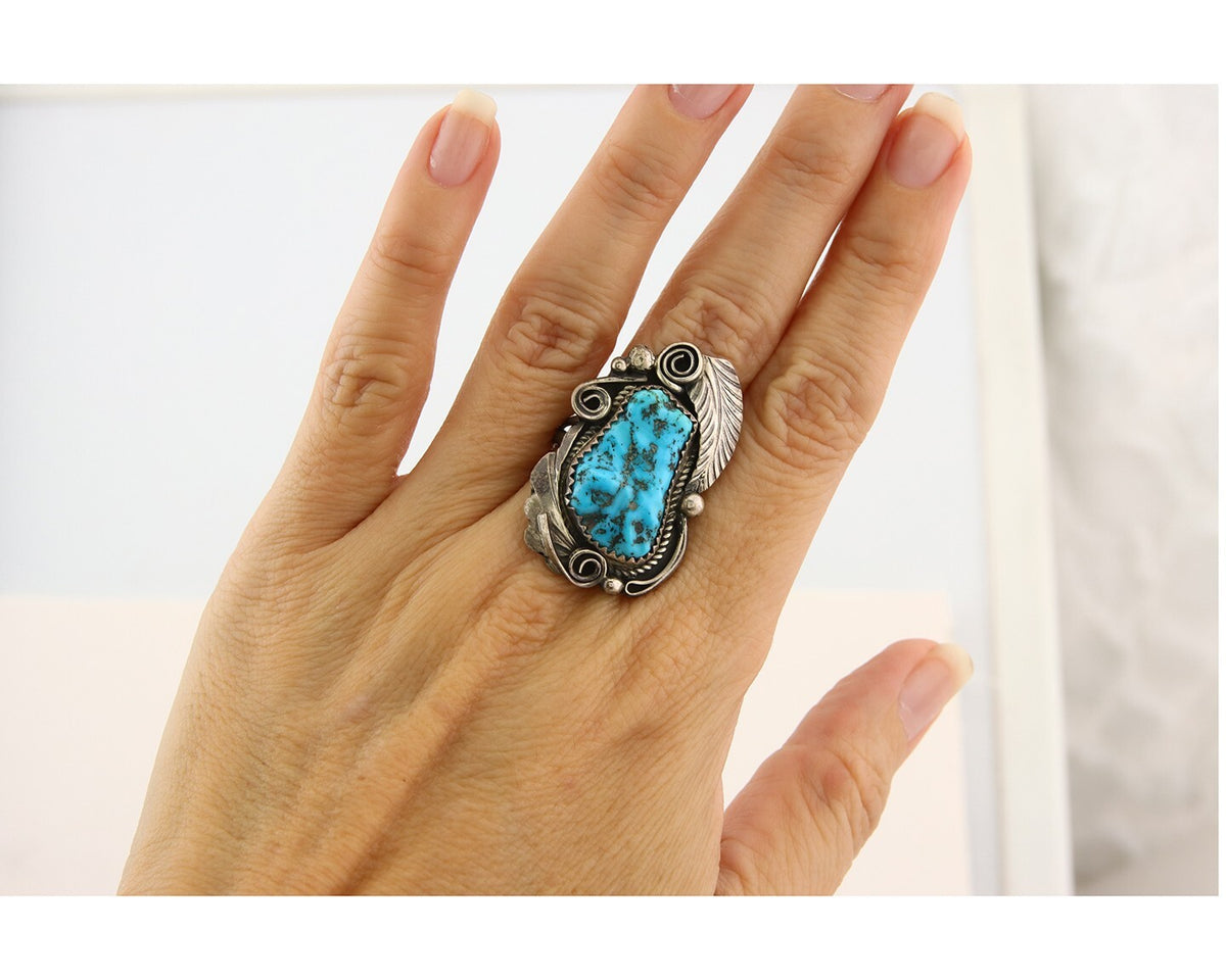 Navajo Ring 925 Sterling Turquoise Artist Justin Morris C.80's Size 8.25
