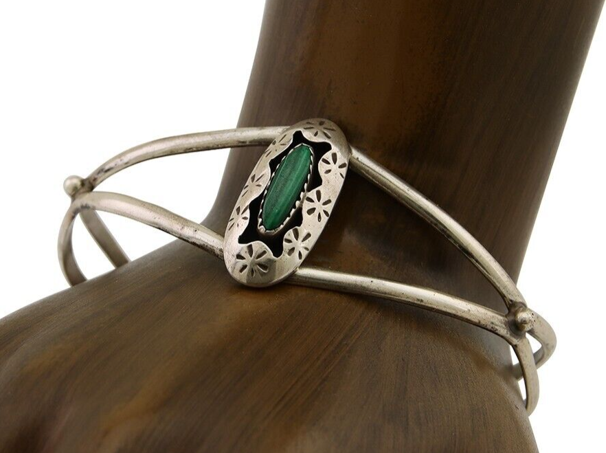 Navajo Hand Stamped Cuff Bracelet Malachite 925 Silver Artist Signed IJC C.80's