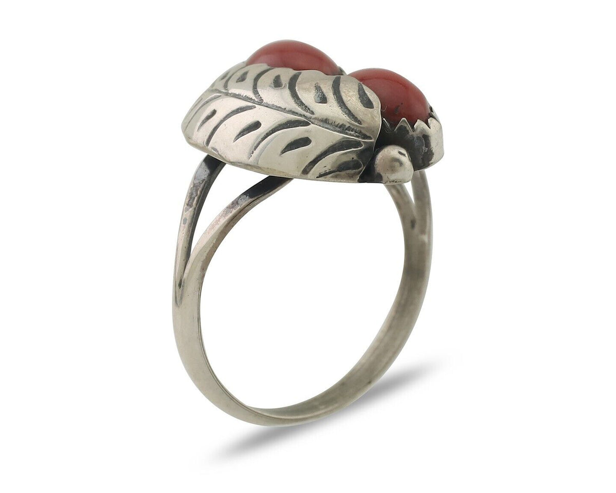 Navajo Handmade Ring 925 Silver Natural Mediterranean Coral Signed 88 C.80's