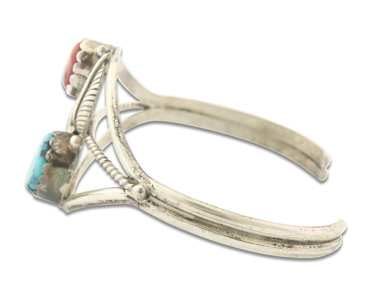 Vintage Navajo Bracelet 925 Silver Red Coral Turquoise Signed Paul J