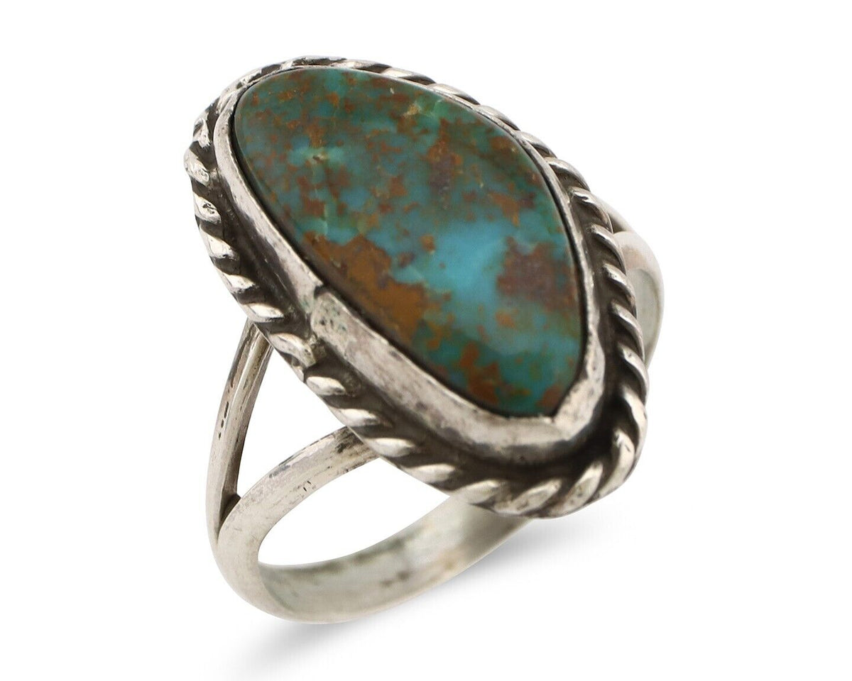 Navajo Ring 925 Silver Natural Turquoise Artist Signed Rabbit Stick C.80's
