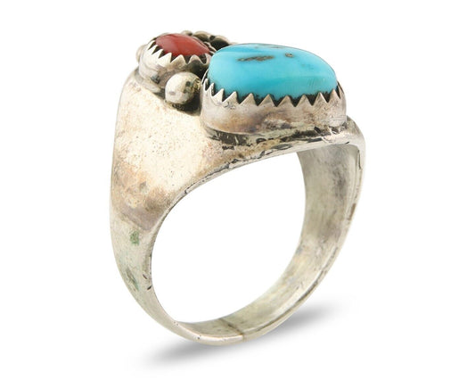 Navajo Ring 925 Sterling Turquoise & Coral Native Artist C.80's Size 6.5