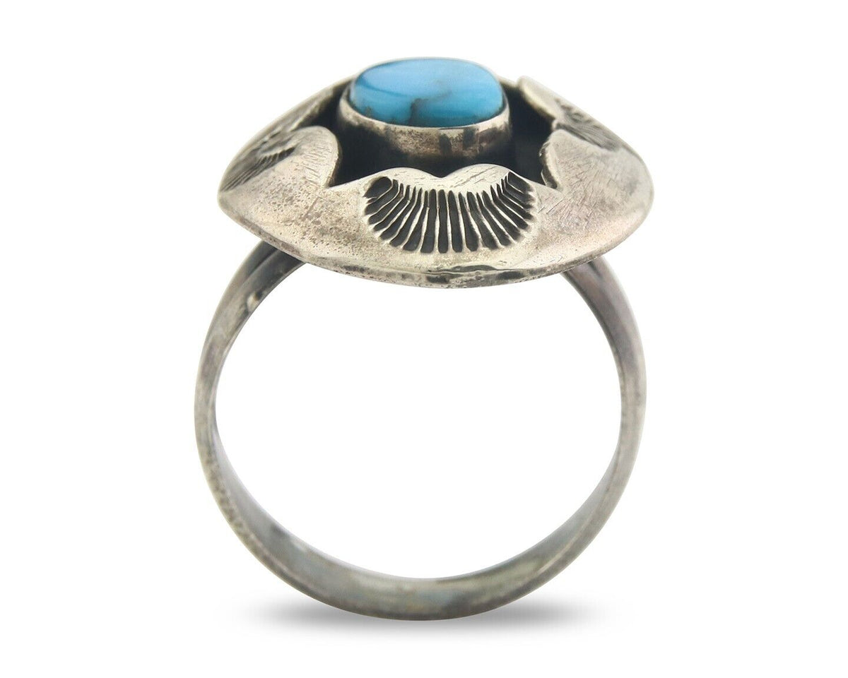 Navajo Ring 925 Sterling Turquoise Handmade Native Artist C.80's Size 8.35