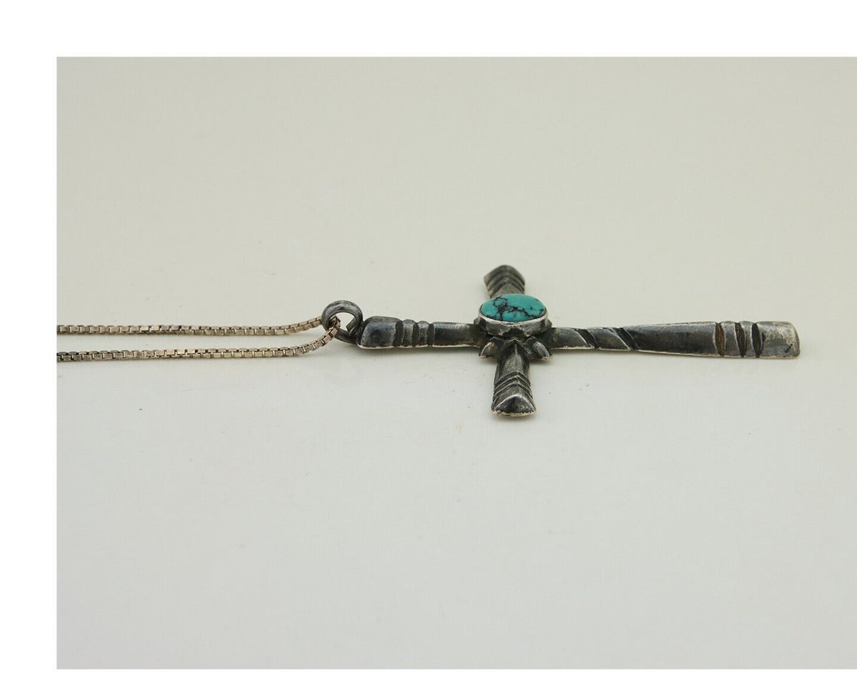 Navajo Sand Cast Cross Pendant 925 Silver Turquoise Native Artist C.80s