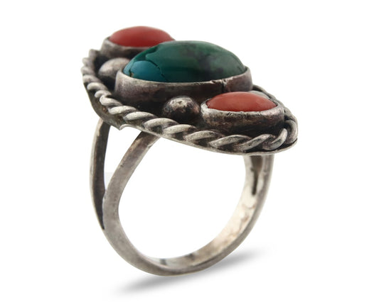 Vintage Navajo Ring 925 Silver Traditional Authentic Coral & Turquoise