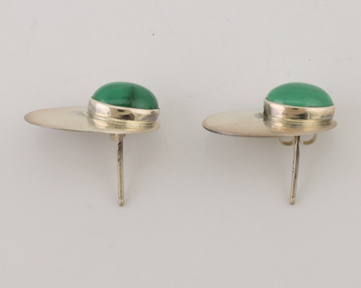 Navajo Shield Earrings 925 Silver Natural Malachite Signed Ella Peters C.80's