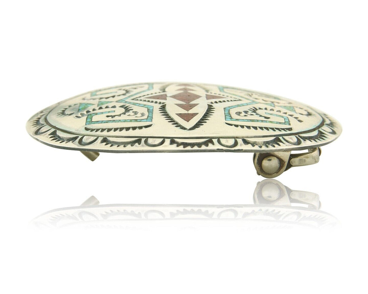 Vintage Navajo Belt Buckle 925 Silver Inlaid Gemstone Signed Stanley Bain C.80's