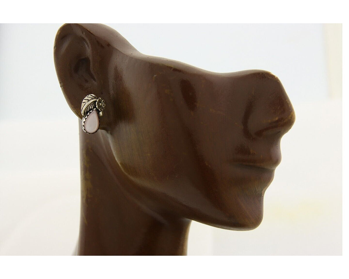 Navajo Earrings 925 Silver Handmade Natural Pink Mussel Native American Artist