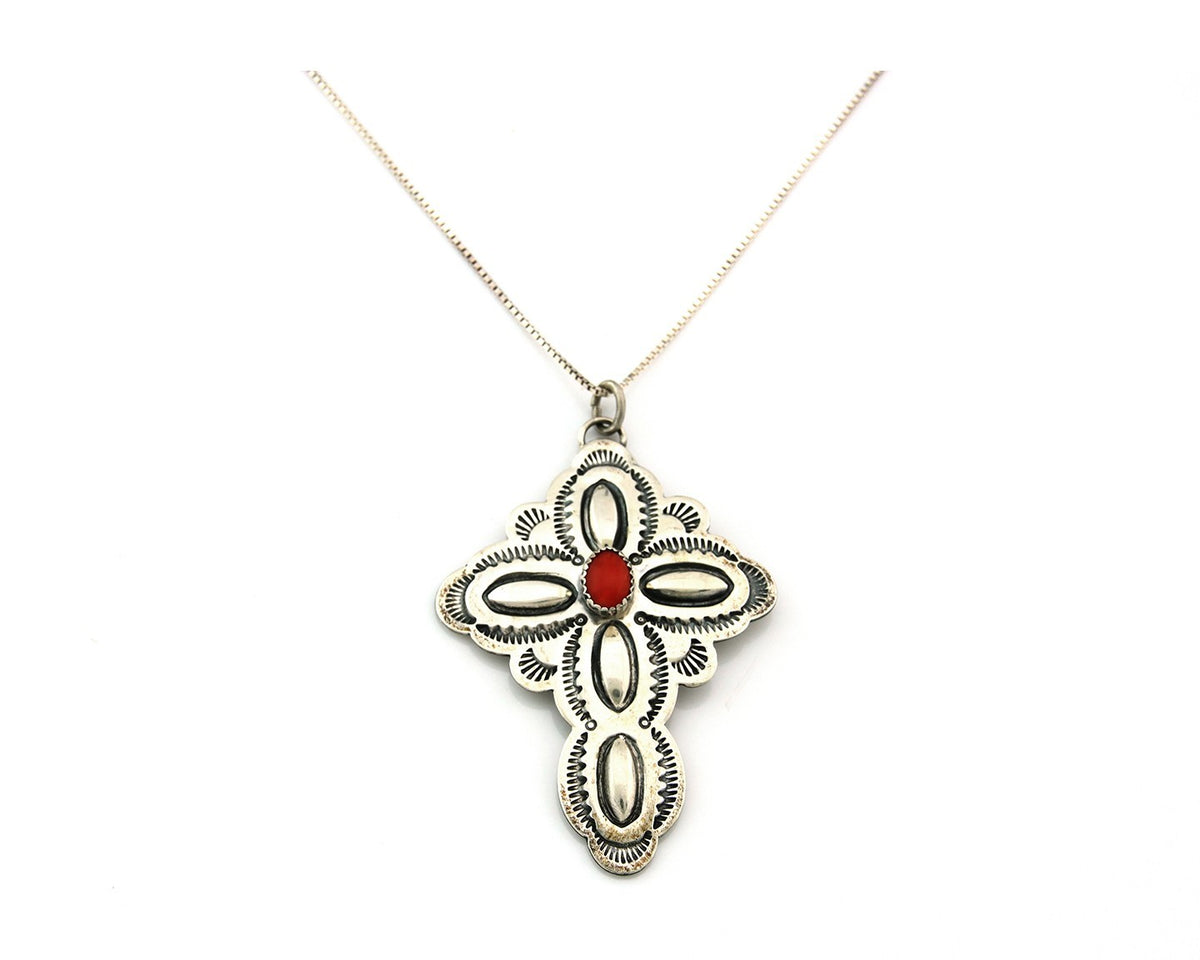 Navajo Cross Necklace Sterling Silver Snake Eye Coral Authentic Handstamped