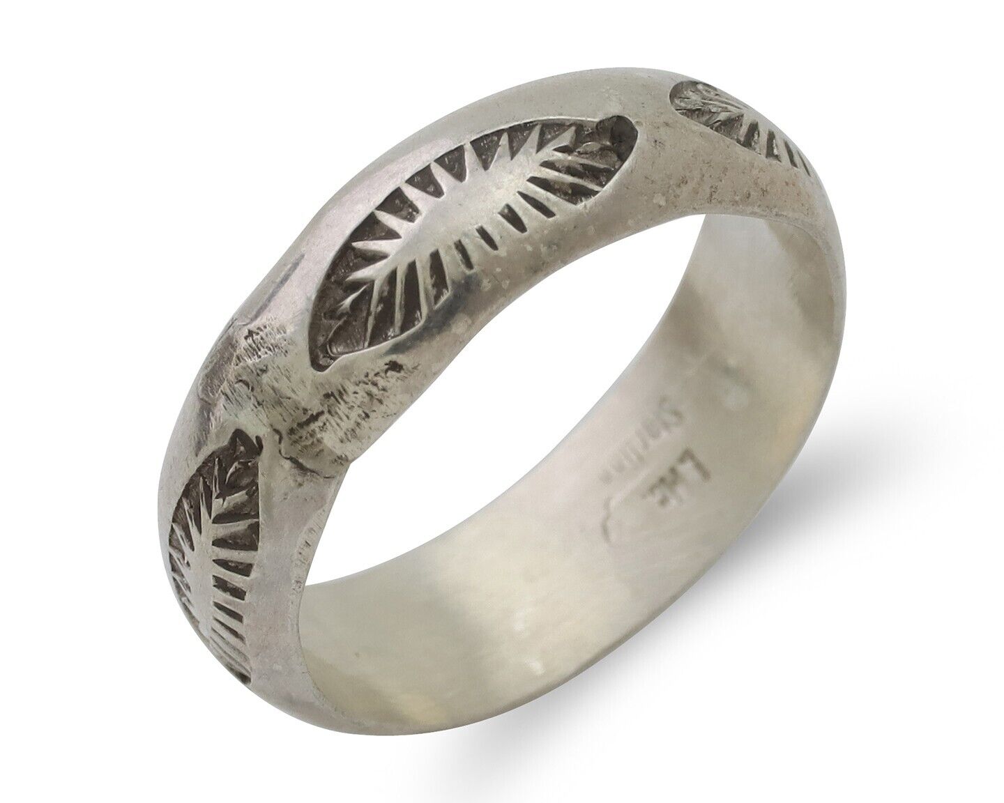 Navajo Hand Stamped Band 925 Silver 6.0 mm Signed Larry Chavez Size 7.75 C.80's