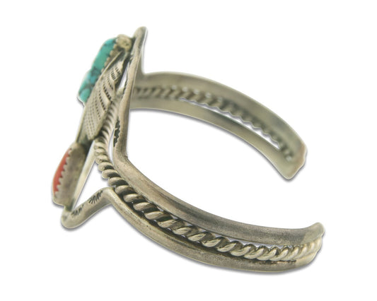Vintage Navajo Bracelet 925 Silver Coral & Turquoise Native American Artist C80s