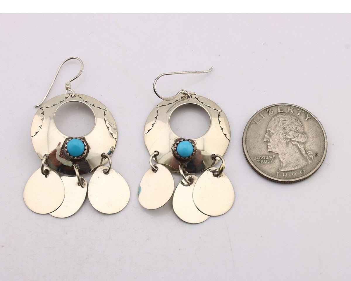 Navajo Dangle Handmade Earrings 925 Silver Blue Turquoise Native Artist C.80's