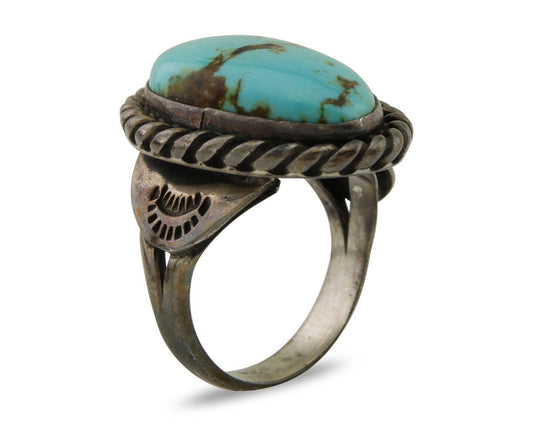 Men Navajo Ring 925 Silver Natural Slab Turquoise Signed Sunset C.80's