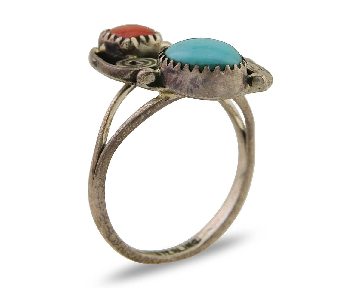 Navajo Ring 925 Silver Turquoise & Coral Artist Signed WR C.80's