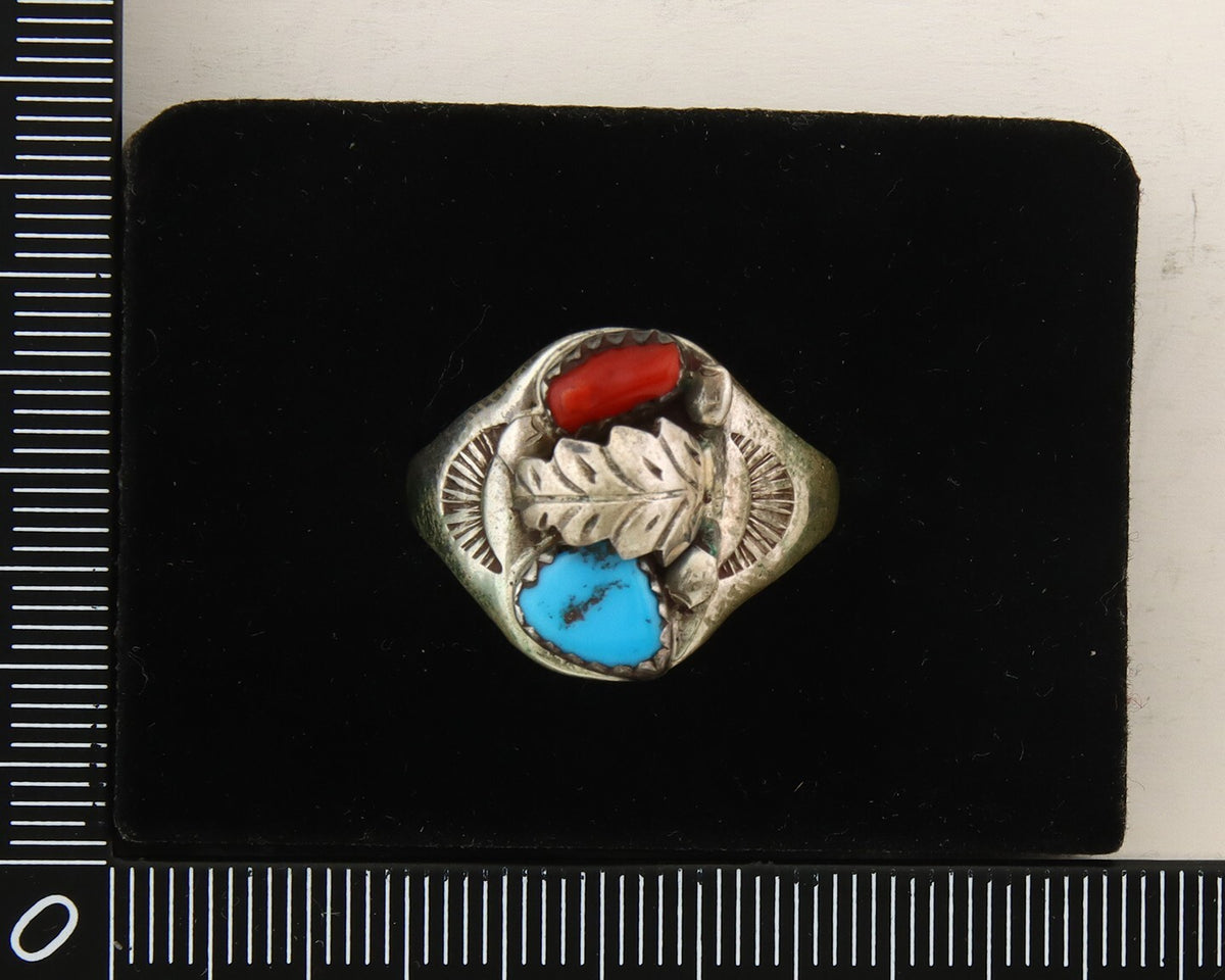Navajo Ring 925 Sterling Turquoise & Coral Native Artist C.80's Size 10