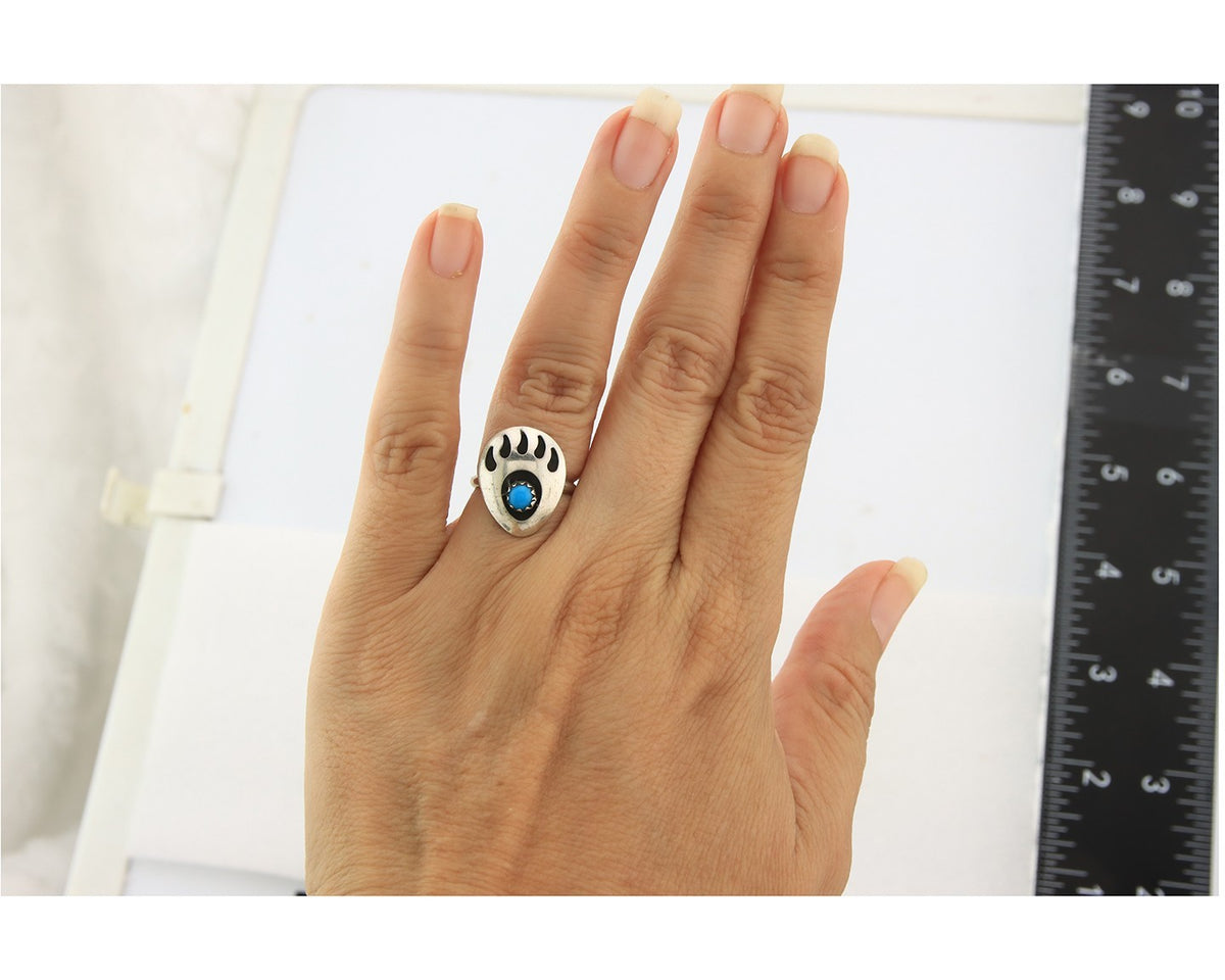 Navajo Paw Ring Sterling Silver Blue Turquoise Vintage Native Artist Size 4.0