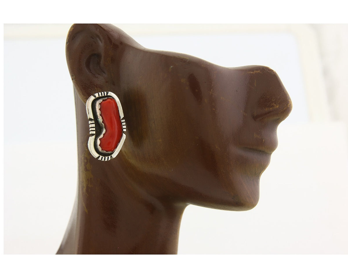 Navajo Earrings 925 Silver Natural Coral Artist Signed Charles Johnson C.80's