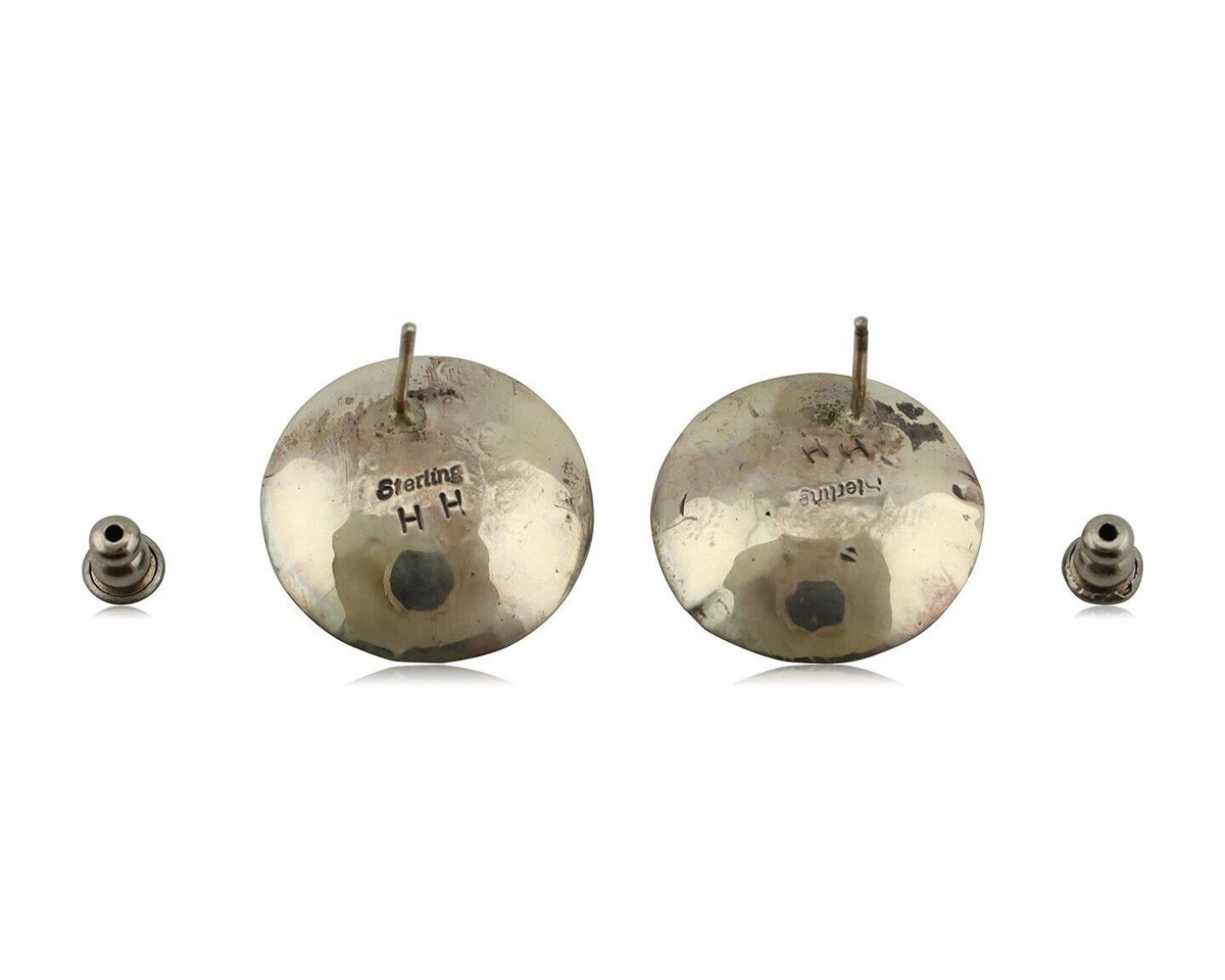 Navajo Hand Stamped Earrings 925 Silver Turquoise Signed Helen Harrison C.80's