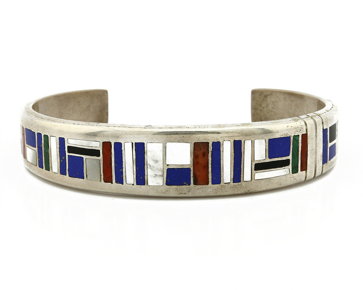 Early Artist David Freeland Inlaid Natural Gemstone .925 SOLID Silver Cuff