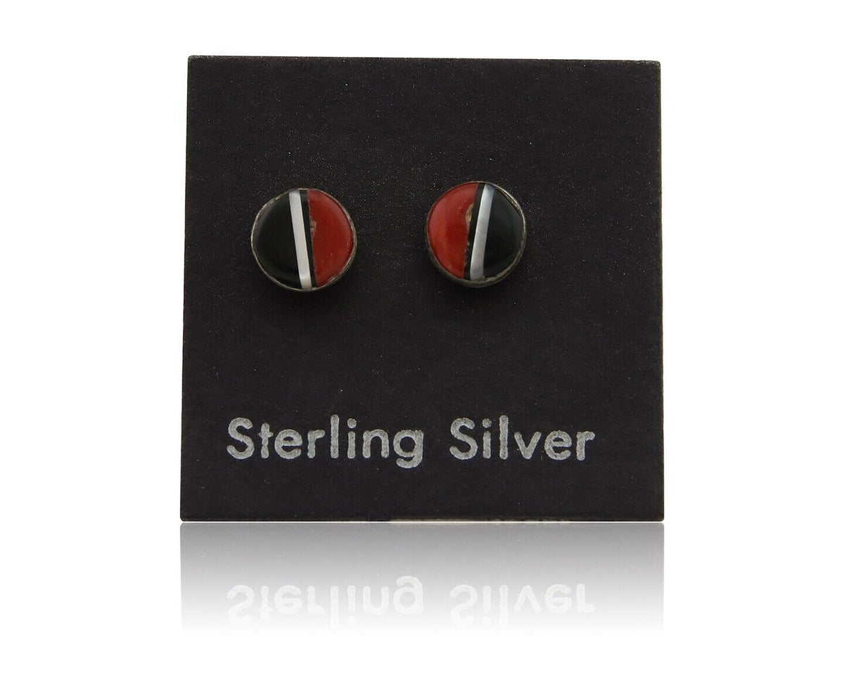 Navajo Earrings 925 Silver Inlaid Natural Onyx & Coral Native Artist C.80's