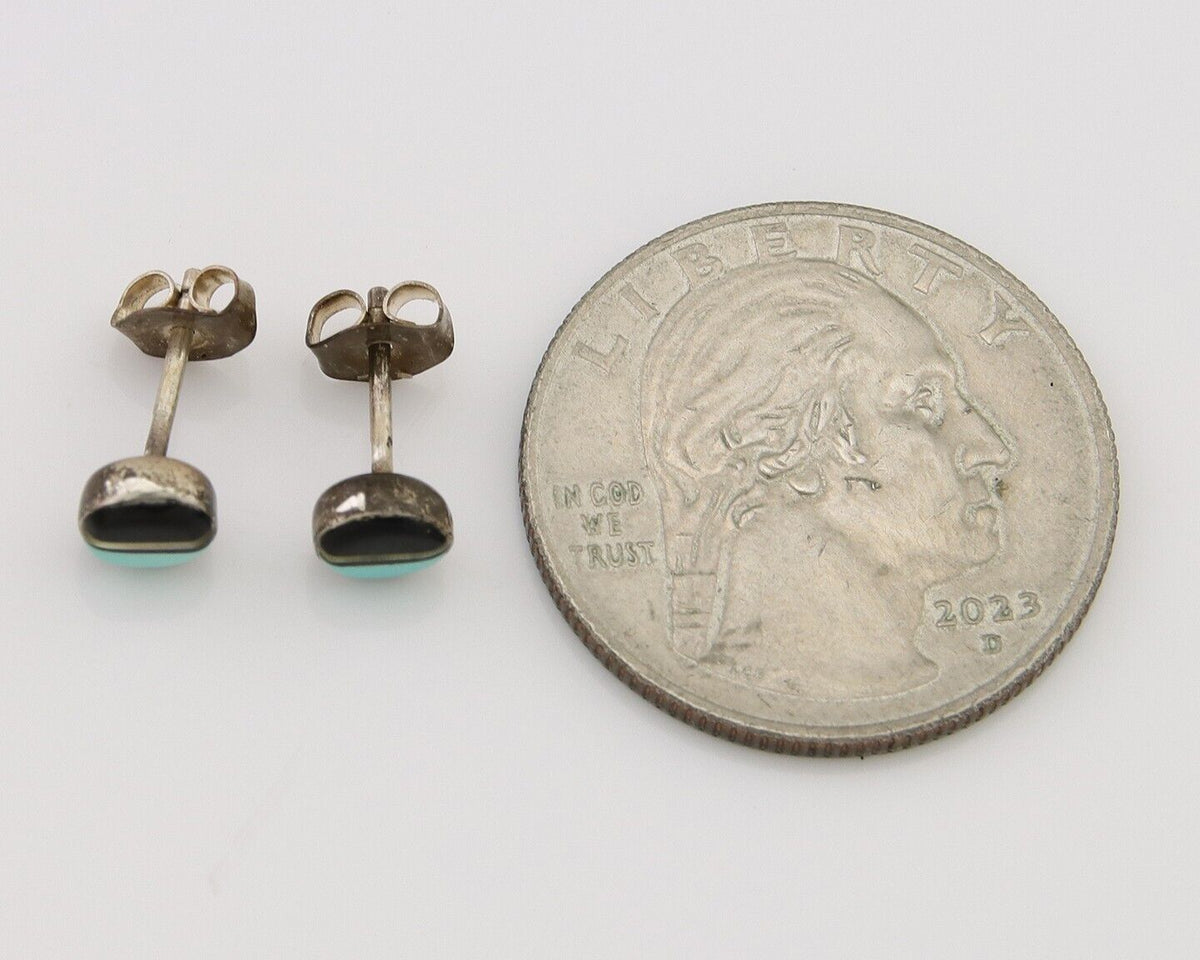 Navajo Earrings 925 Silver Inlaid Natural Onyx & Turquoise Native American C.80s