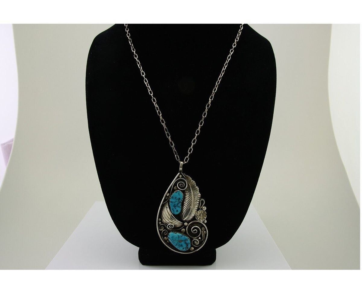 Navajo Necklace 925 Silver Natural Turquoise Artist Signed PM C.80's