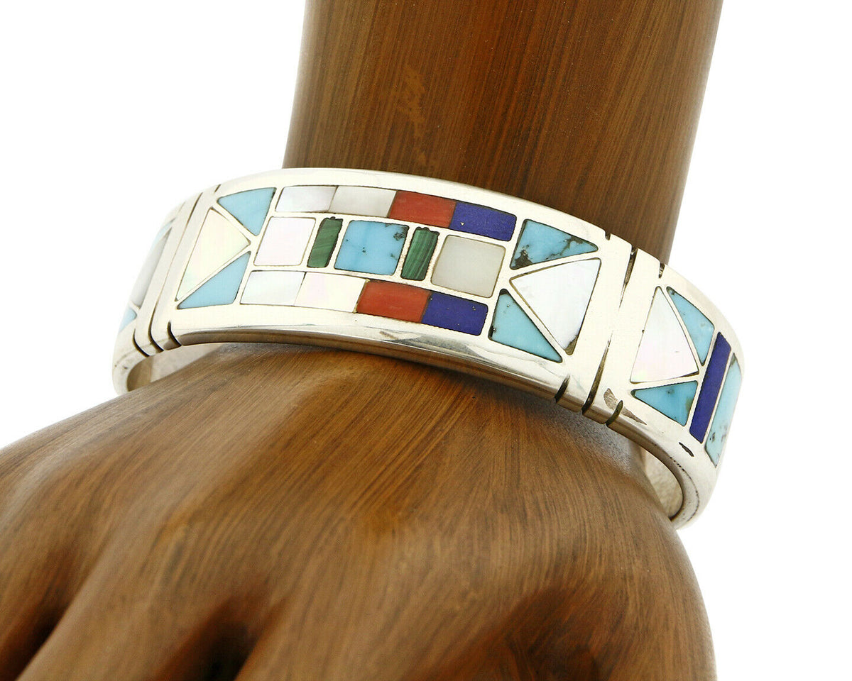 Early Artist David Freeland Inlaid Natural Gemstone .925 SOLID Silver Cuff