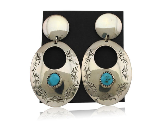 Navajo Dangle Handmade Earrings 925 Silver Blue Turquoise Native Artist C.80's