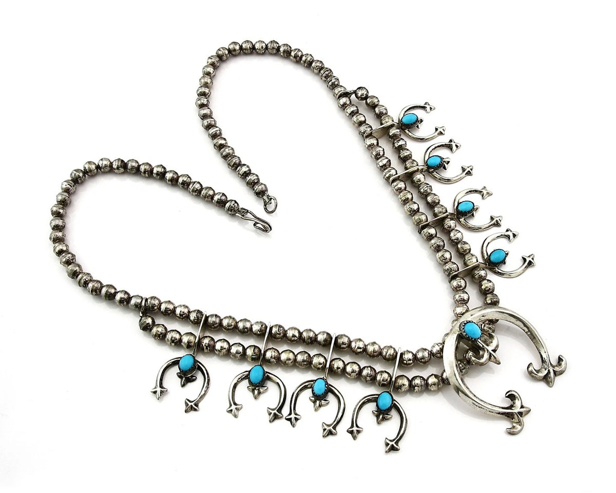 Navajo Squash Necklace Earring Set Sterling Silver Turquoise Vintage C.80's