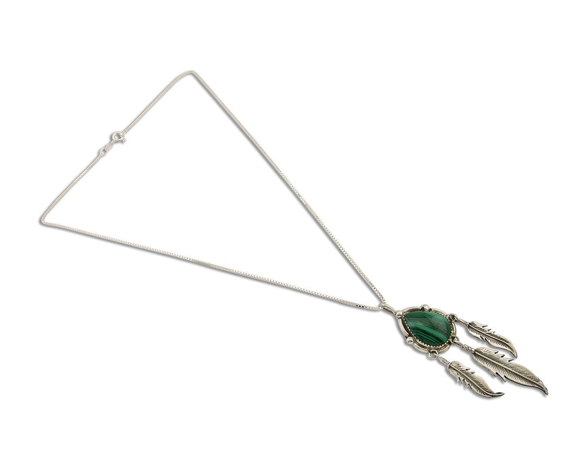 Large Navajo Pendant 925 Silver Natural Malachite Native American Artist C.80's