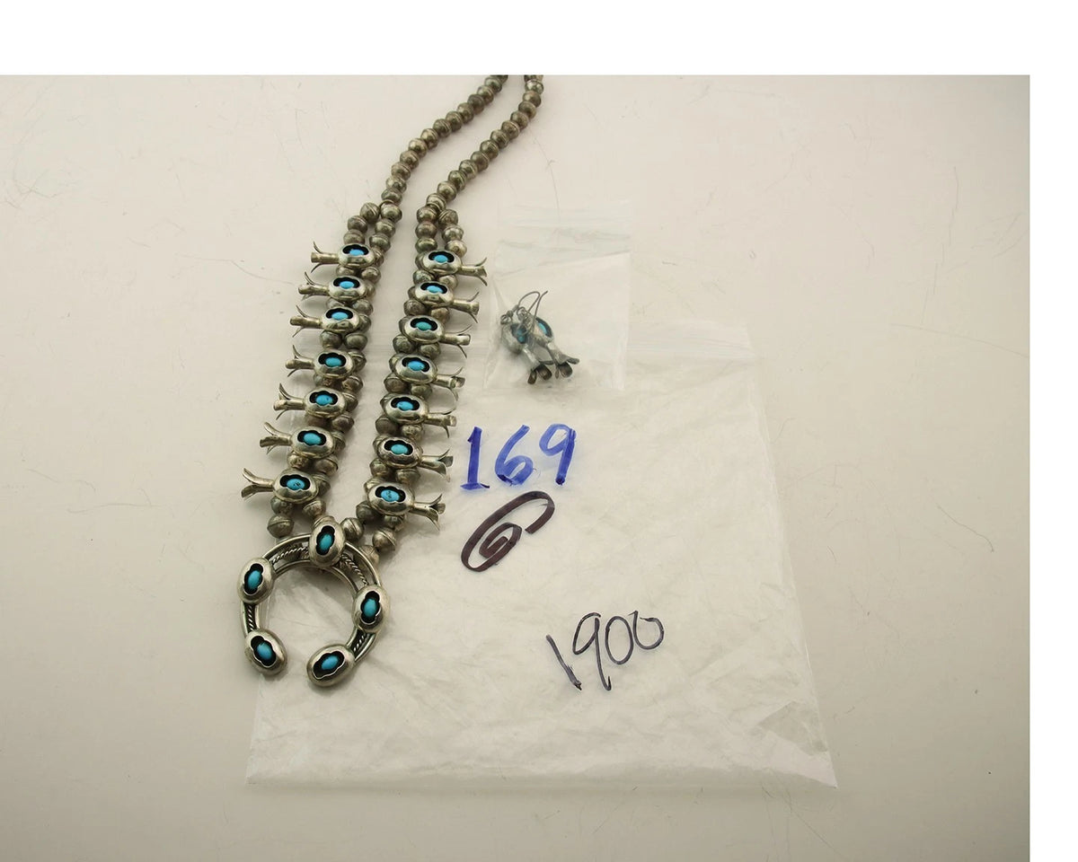Navajo Squash Necklace Set Sterling Silver Turquoise Vintage Signed Ray Begay