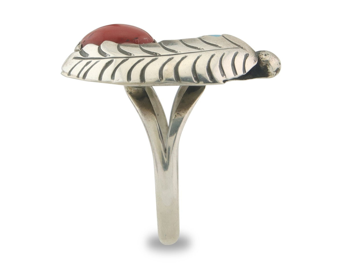 Navajo Ring 925 Sterling Natural Coral & Turquoise Signed BB C.80's Size 6.0