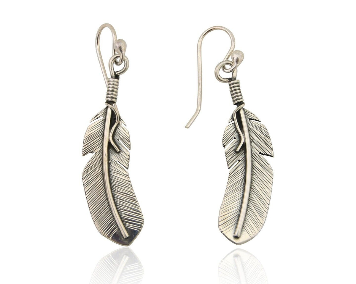 Navajo Eagle Feather Dangle Earrings 925 Silver Native American Artist C.80's