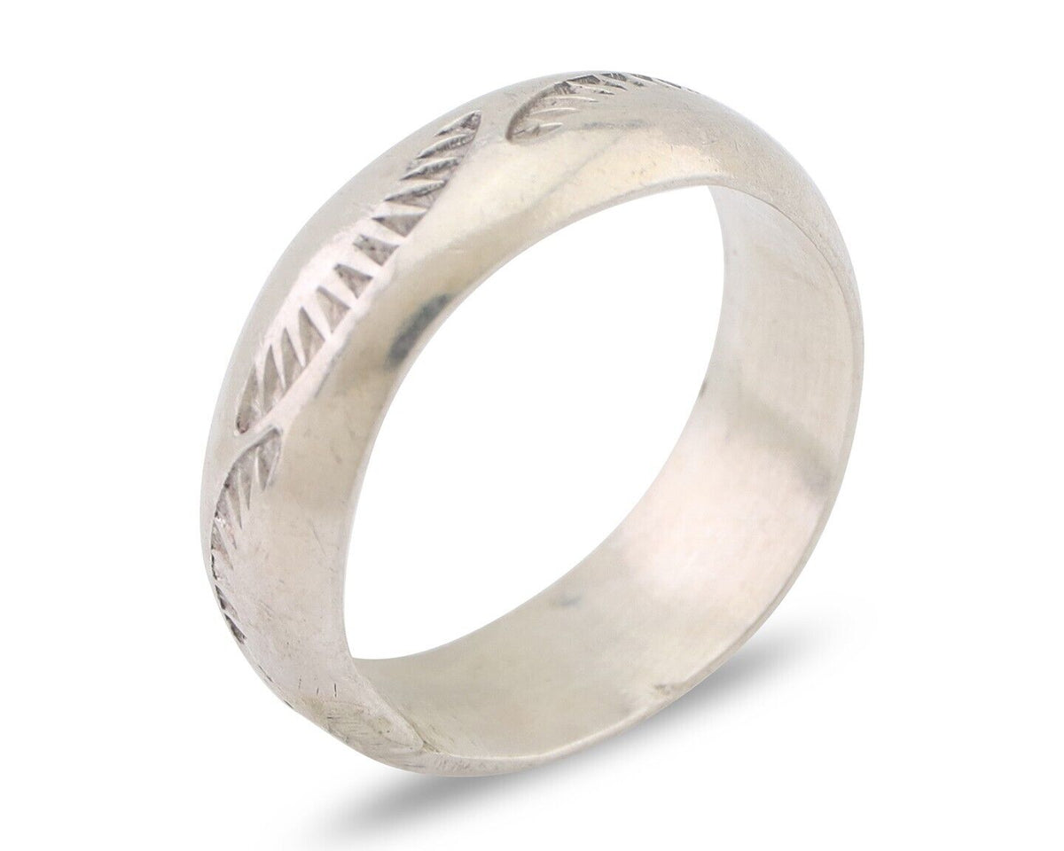 Navajo Hand Stamped Band 925 Silver 6.0 mm Signed Larry Chavez Size 6.5 C.80's