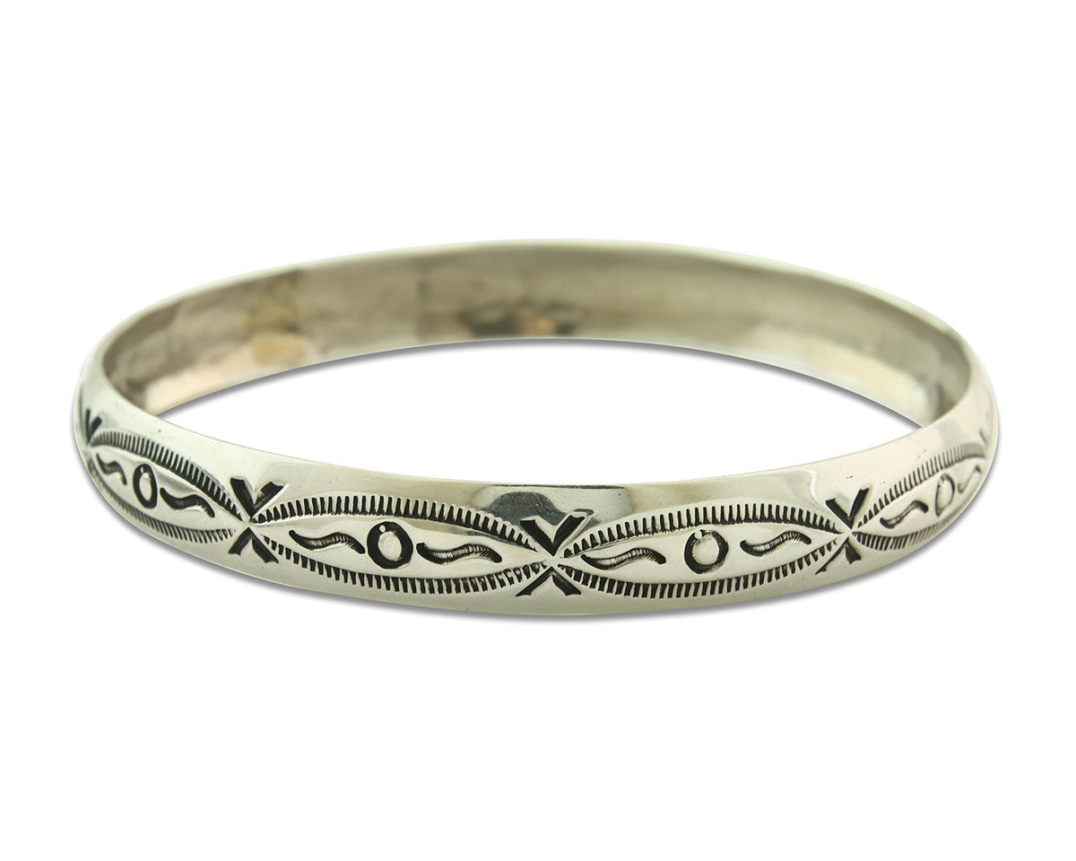 Vintage Navajo Bangle Bracelet Sterling Silver Hand Stamped Signed J