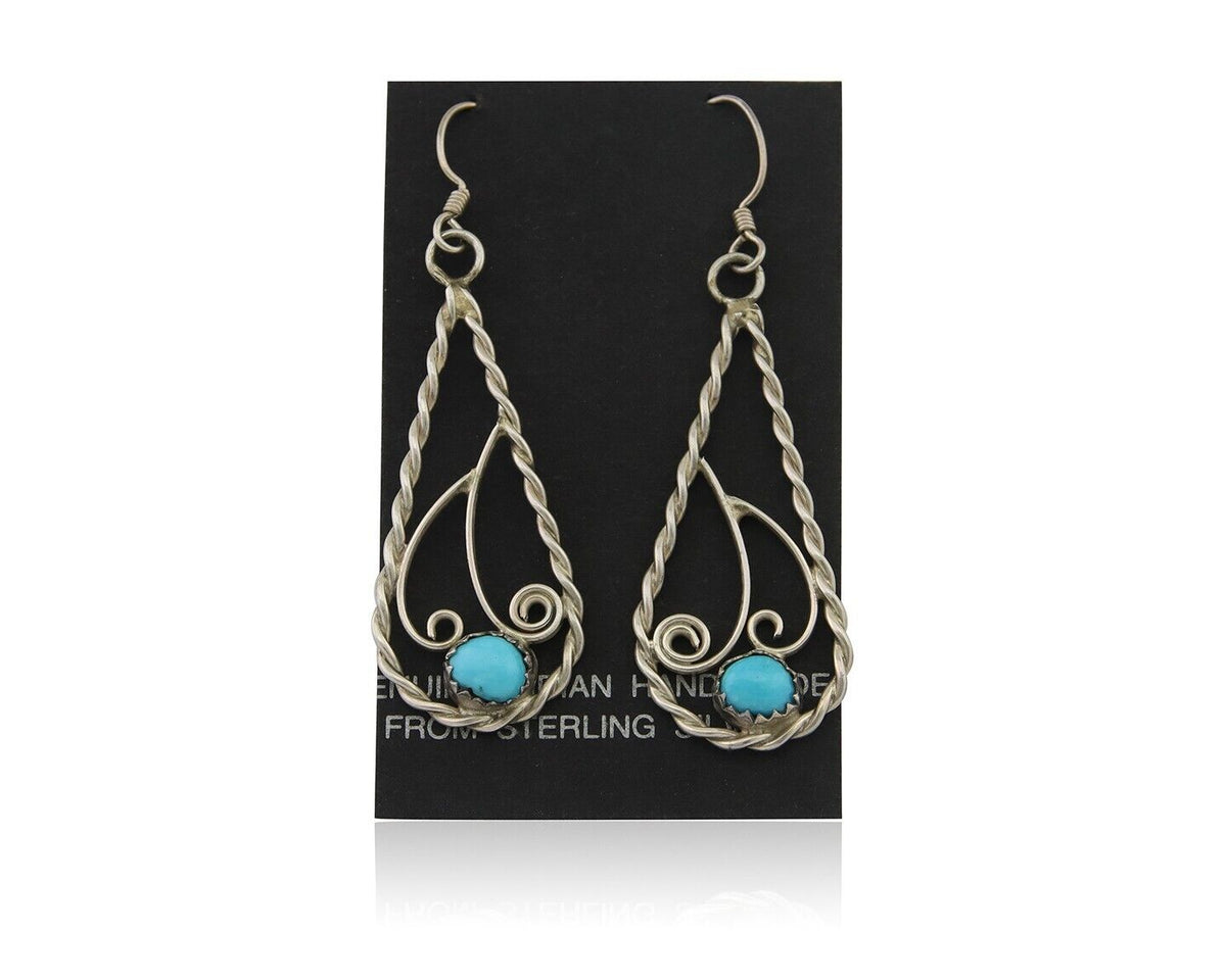 Navajo Dangle Earrings 925 Silver Natural Turquoise Artist Signed JB C.80's