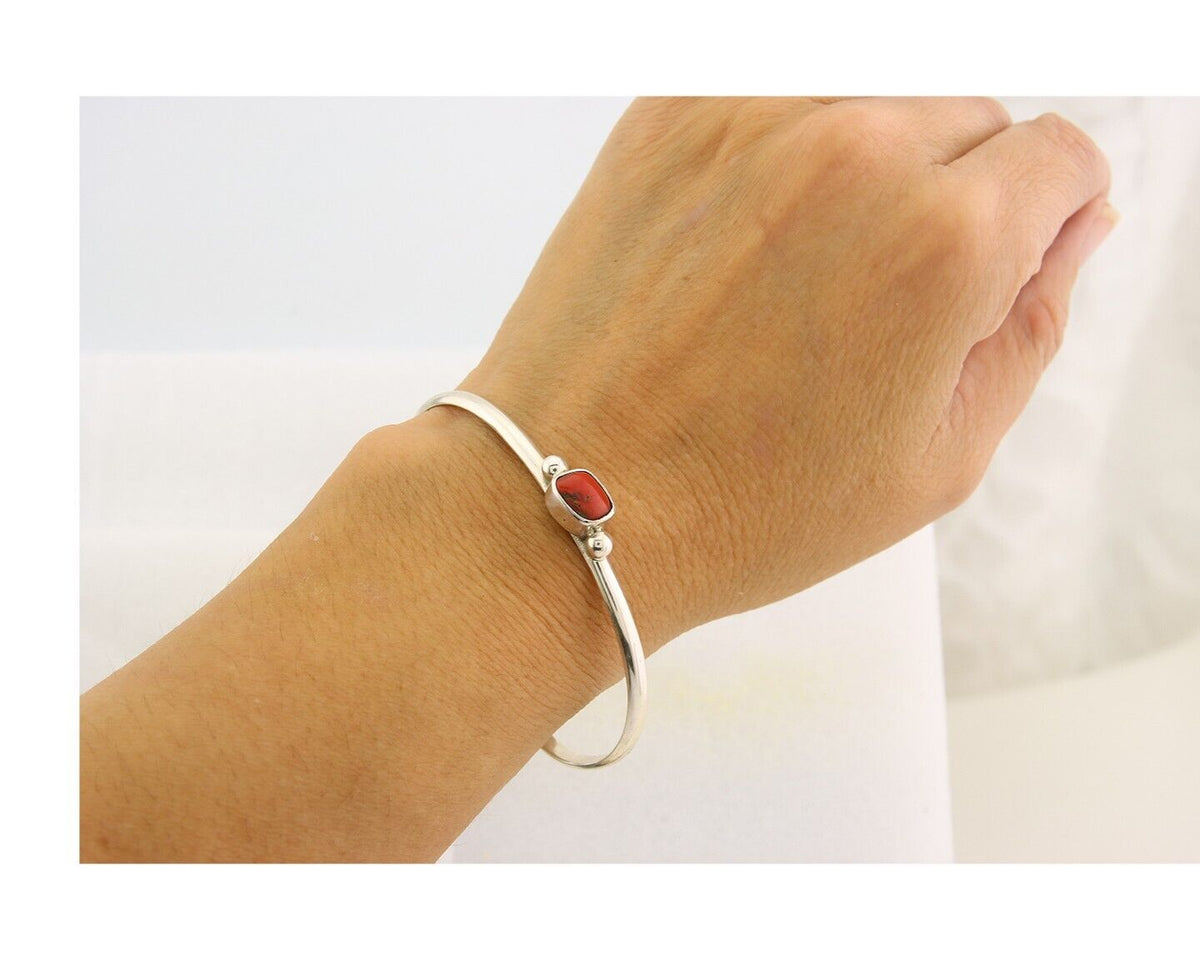 Navajo Bracelet .925 Silver Natural Red Coral Cuff Native American Artist C.80's