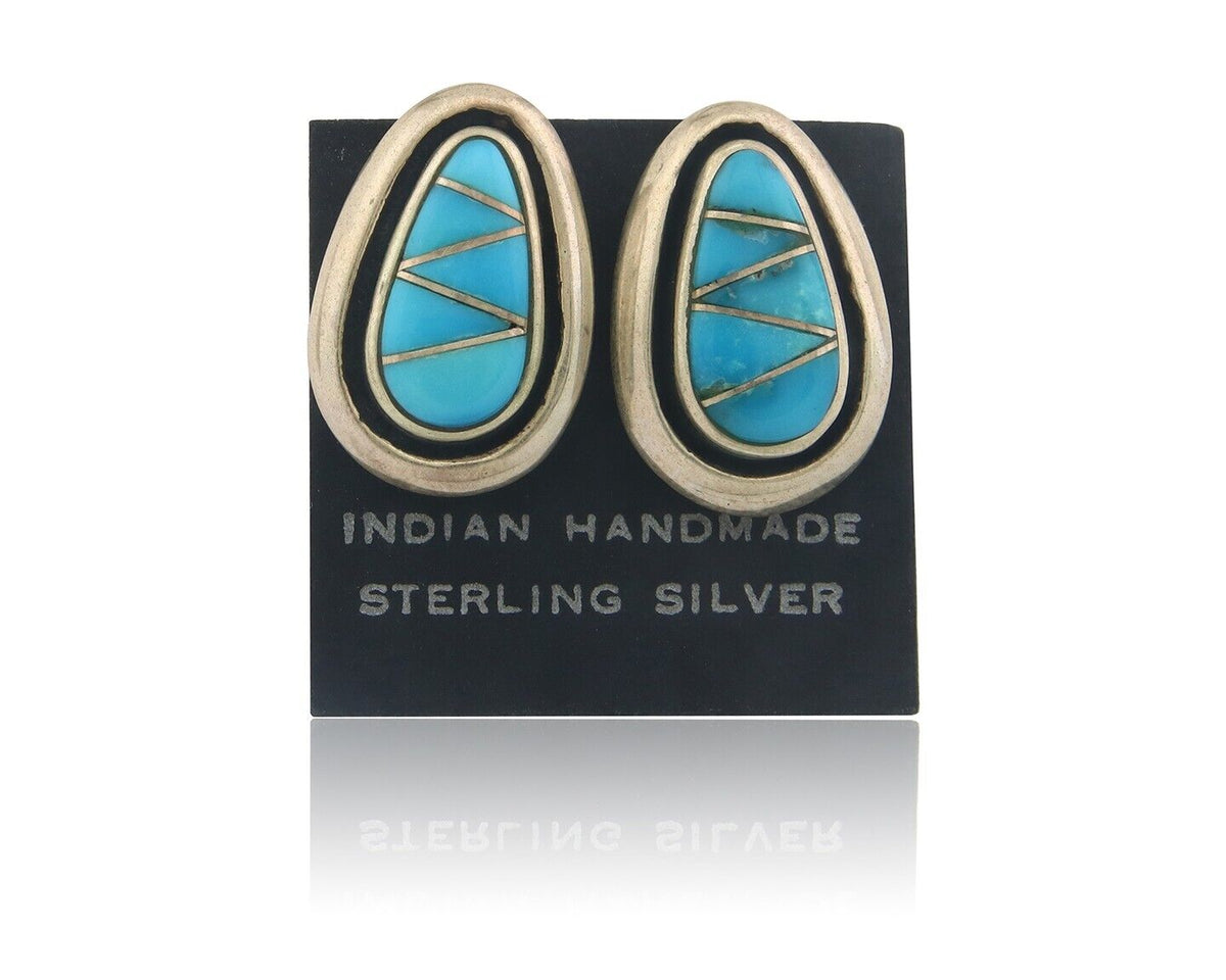 Navajo Earrings 925 Silver Handmade Natural Turquoise Signed W Musket Jr C80s