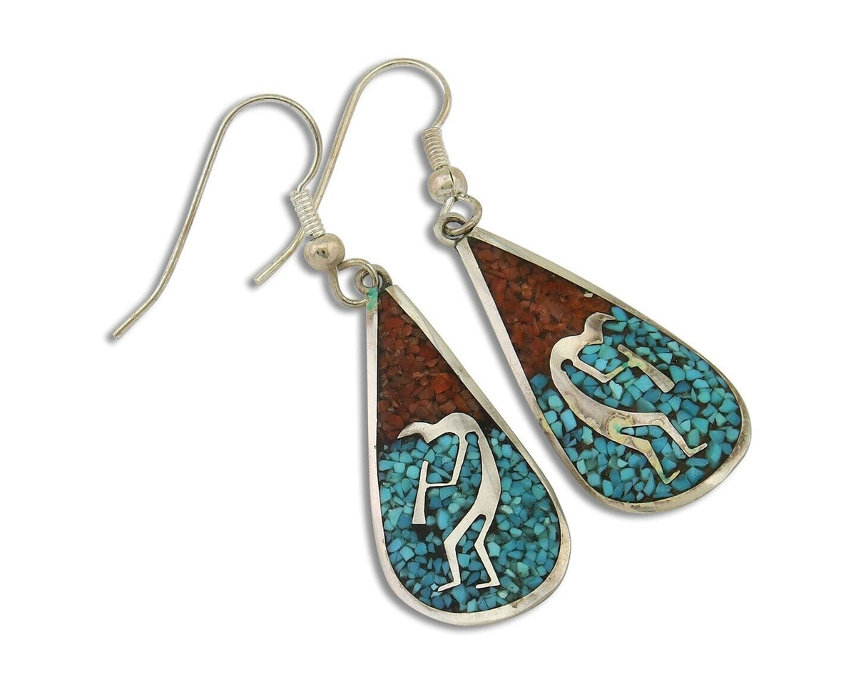 Navajo Kokopelli Earrings 999 Nickel Chip Inlay Turquoise Coral Native American