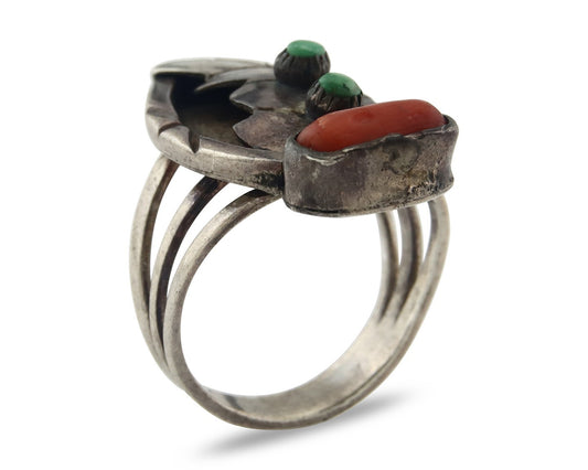 Vintage Zuni Ring 925 Sterling Silver Traditional Authentic Coral & Turquoise