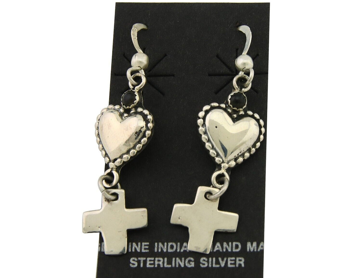 Navajo Earrings 925 Silver Heart Cross Natural Onyx Native American Artist C.80s