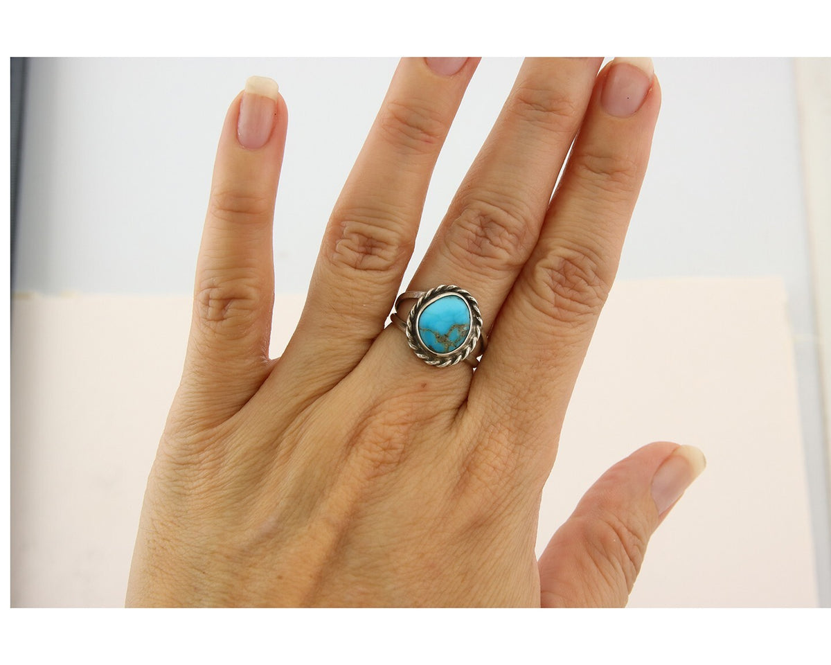 Navajo Ring 925 Sterling Natural Mined Arizona Turquoise C.80's Size 6.0