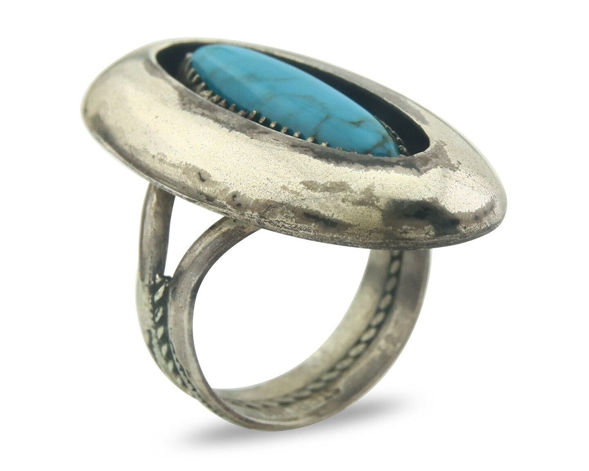 Navajo Ring 925 Sterling Turquoise Handmade Native Artist C.80's Size 8.0