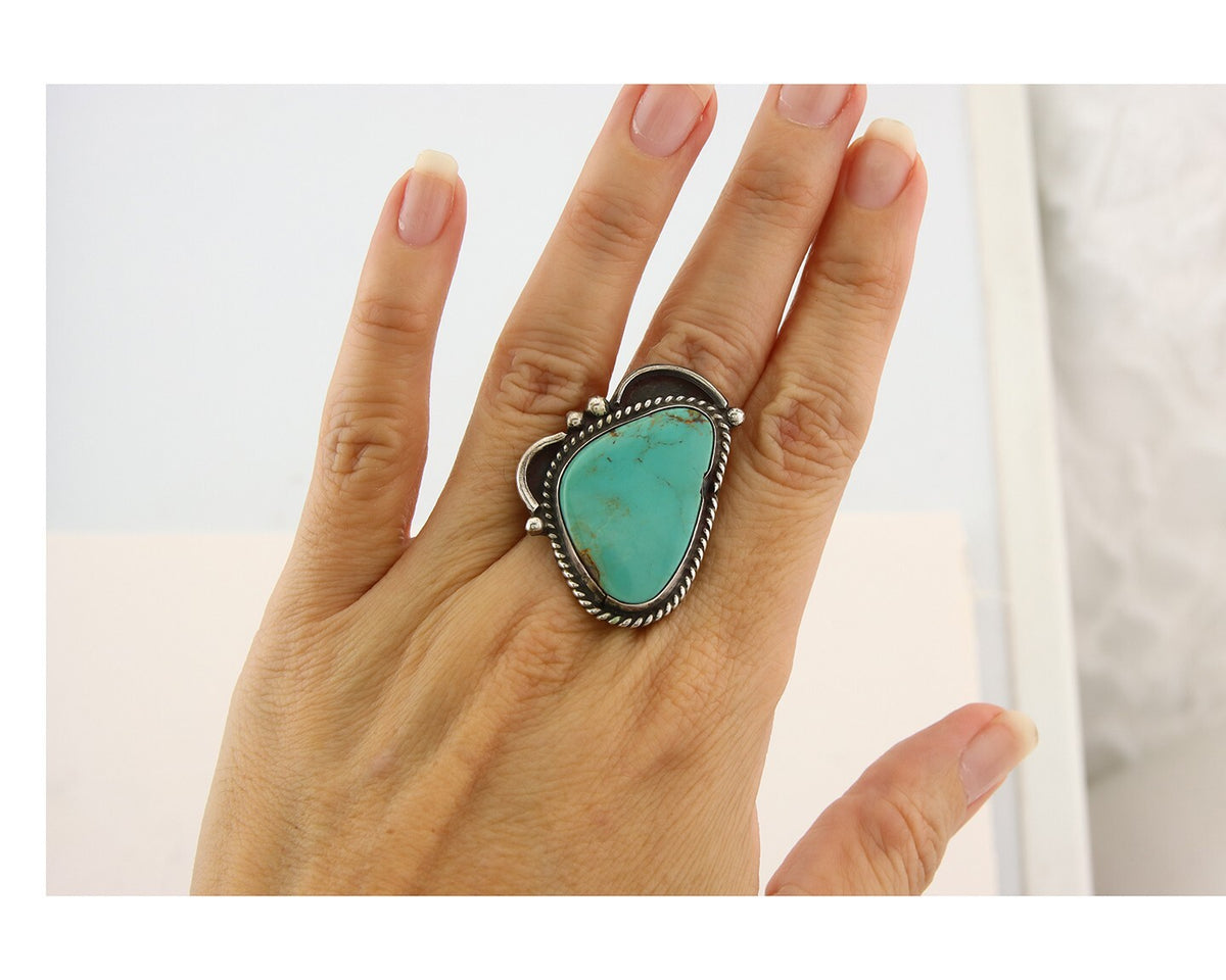 Navajo Ring 925 Sterling Natural Mined Turquoise Handmade C.80's Size 6.5